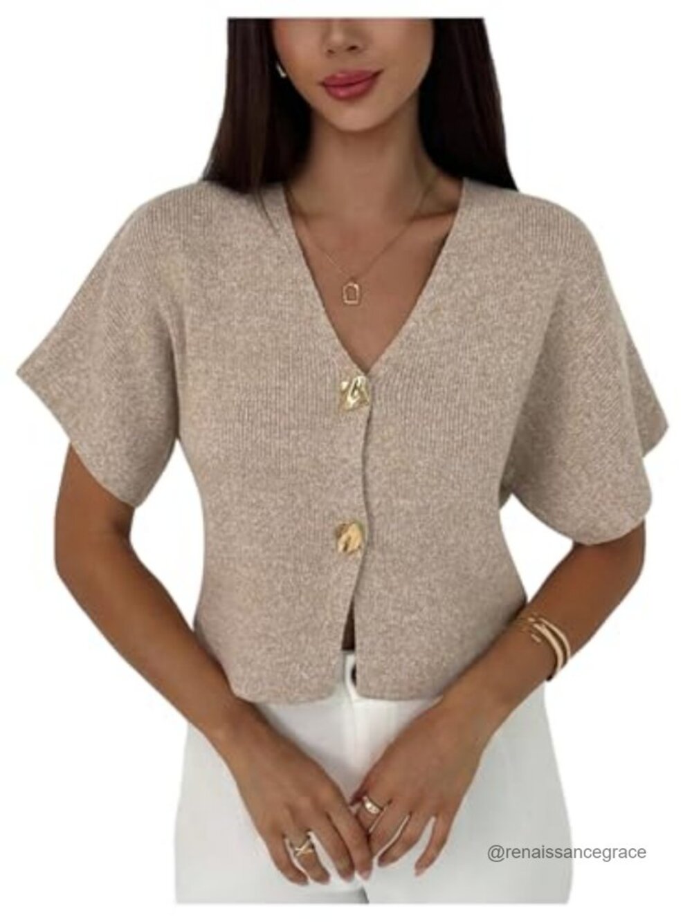 Lightweight Rib Knit Button Front V Neck Short Sleeve Cardigan Sweater
